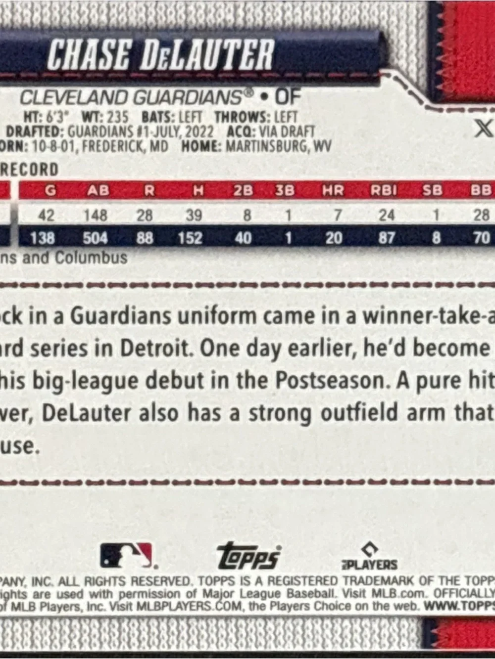 Topps Cleveland Indians Baseball Trading Card - Chase DeLauter Rookie